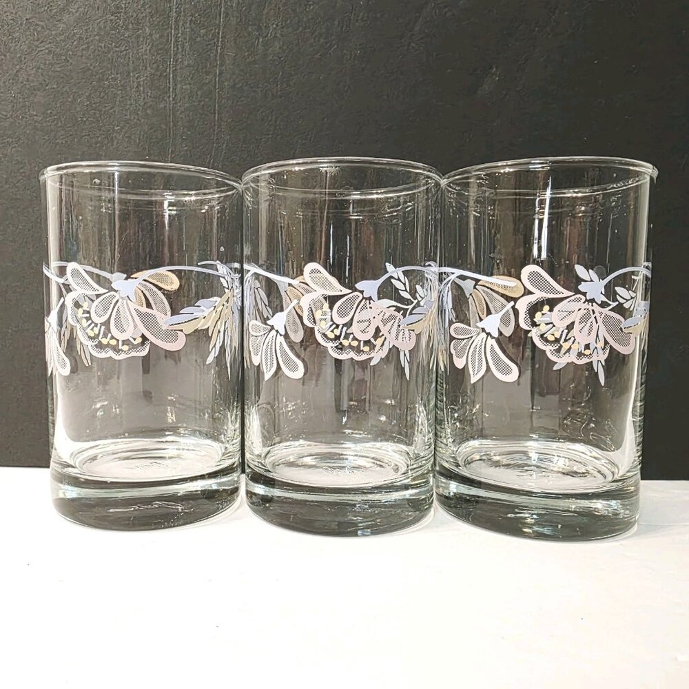 Vtg 3 Corelle PINK TRIO 6oz Thick Bases Pastel Floral Juice Glasses